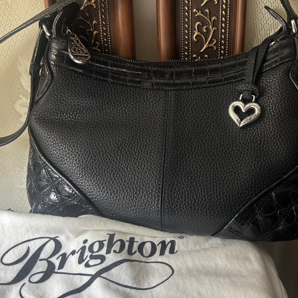 Brighton Black Women's Leather Shoulder Bag with Heart Charm - Picture 13 of 14